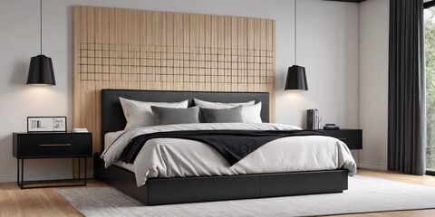 Fototapeta na wymiar Modern black and white bedroom. A modern bedroom with a black platform bed, white chair, and wooden nightstand.