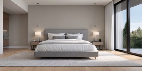 Bedroom with sliding glass doors leading to balcony. A cozy bedroom with a bed, chair, and sliding glass doors leading to a balcony.