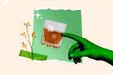 Creative abstract collage of hand choose drink alcohol booze cognac liqueur ice cubes cold relax...