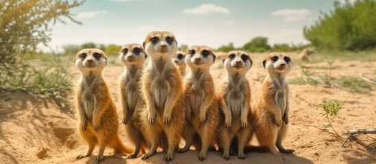 a view meerkats alertly stand in a outdoors near the nest hole - obrazy, fototapety, plakaty