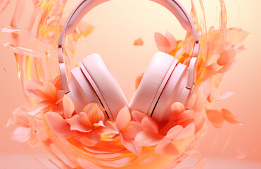 Stylish orange headphones in liquid splashes and flowers flying on pink background. Music creativity entertainment concept