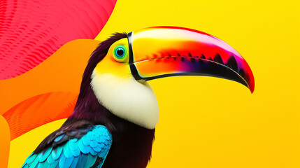 Toucan bird sitting on a tree branch on bright yellow red background with multicolored splashes....