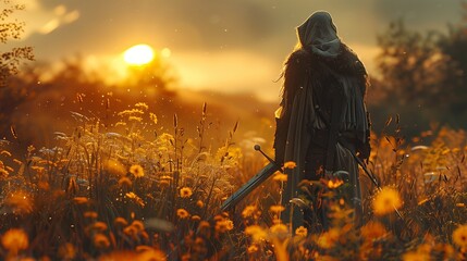 The Knight and the Sunset - obrazy, fototapety, plakaty