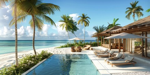 Fototapeta premium A beautiful beach house with a pool and palm trees