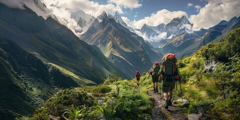 A group of people are hiking up a mountain trail - obrazy, fototapety, plakaty