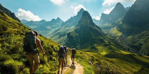 A group of people are hiking up a mountain trail - obrazy, fototapety, plakaty