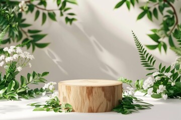 Beautiful bright natural template for product presentation in the form of wooden pedestal or podium framed with fresh green foliage and flowers on light background.