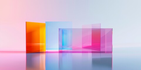 A series of colorful glass panels are arranged in a row