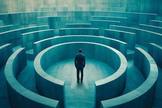 Conceptual image of a businessman standing the complexd labyrinth, finding solution to exit