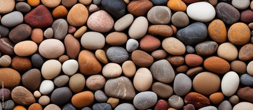 Poster a stack of rocks in various sizes and colors, including brown cobblestones, rectangular bricks, and 