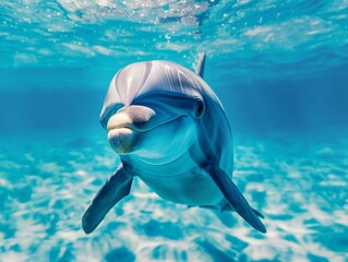 Close-up of a smiling dolphin swimming in sunlit blue sea.
