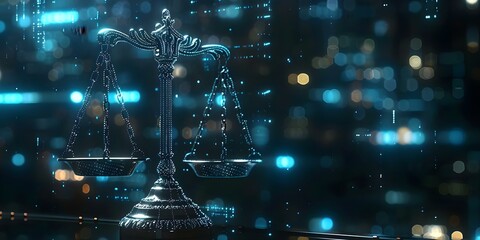 Digital scales of justice symbol with futuristic tech theme cyber law concept. Concept Digital Scales of Justice, Futuristic Tech, Cyber Law Concept - obrazy, fototapety, plakaty