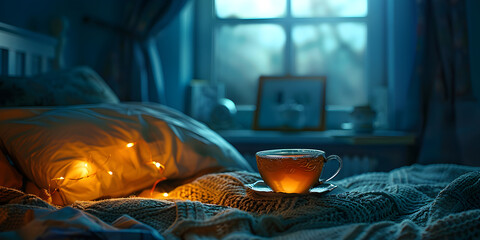 Fototapeta premium bed in a bedroom, cup of tea, cozy room with and with view from window on rainy evening street, 