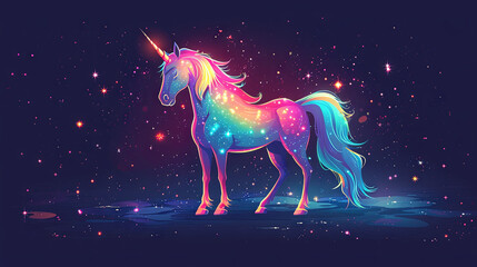 Obraz na płótnie Canvas The multicolor neon unicorn with a single large, pointed, spiraling horn projecting from its forehead. starry background, cartoon Mythological character