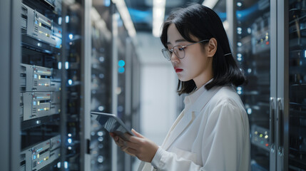 A female Asian technician wearing glasses checks a electronic pad while monitoring the system in a room full of stacked super computers