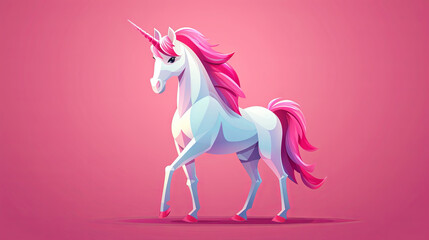 Obraz na płótnie Canvas The pink with white unicorn with a single large, pointed, spiraling horn projecting from its forehead. starry background, cartoon Mythological character, pink background
