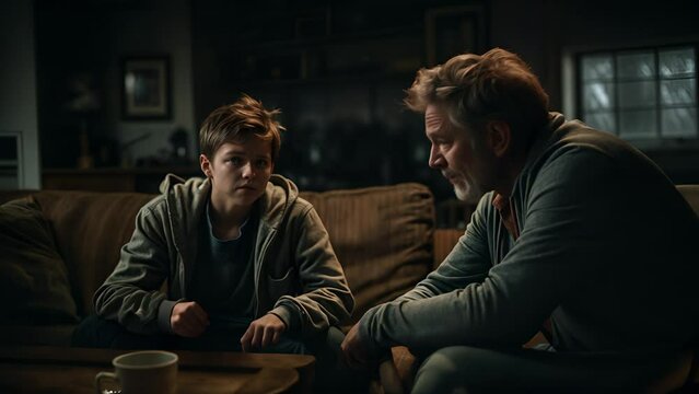 Mature Caucasian Man and Young Boy Sharing an Intense, Emotional Moment Together, Seated on a Couch in a Dimly Lit Room.
