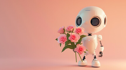 Fototapeta premium Small retro cute robot with fresh flowers bouquet isolated on pastel background copy space for text