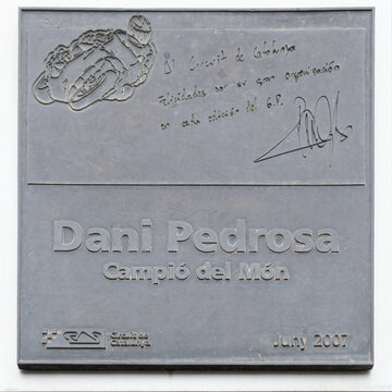 MONTMELLO, SPAIN-JUNE 4, 2021: Commemorative plaque to Dani Pedrosa at Circuit de Barcelona-Catalunya