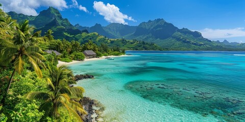A beautiful tropical landscape with a lush green forest and a blue ocean
