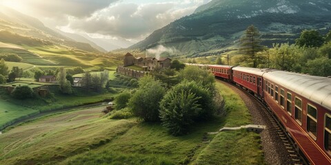 The train is surrounded by trees and houses, giving the impression of a peaceful - obrazy, fototapety, plakaty