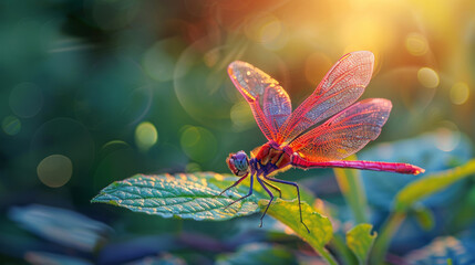 A vibrant crimson dragonfly perches gracefully on a green leaf