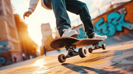Schilderijen op glas Dynamic urban skateboarding with close-up on the skateboard wheels © Robert Kneschke
