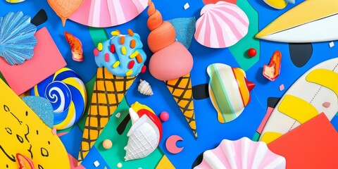 A colorful image of a beach scene with a pink