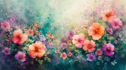 Watercolor painted lush garden with vibrant flowers in full bloom - obrazy, fototapety, plakaty