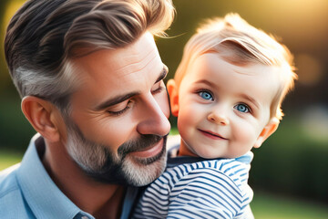 Happy Fathers Day. Handsome Father and his son smile and hug. Family vacation and unity. Place for text and your advertising.