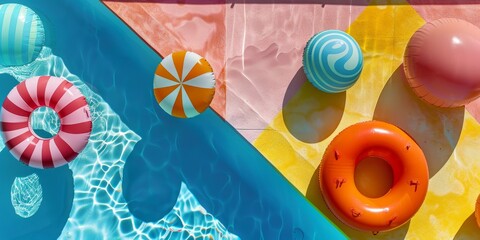 A pool with a bunch of colorful inflatable pool toys