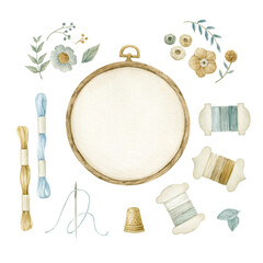 A set of accessories for embroidery: hoop, pins, threads, beads, thimble, ribbon, etc. Needle business. All elements are drawn in watercolors