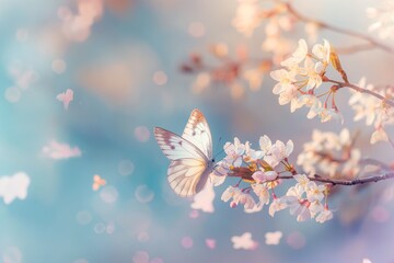 Beautiful white butterfly in flight and flowers with soft focus Branch blossoming cherry in spring on blue and lilac background