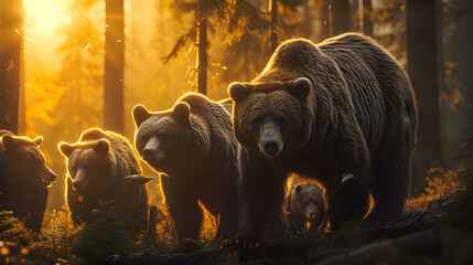 Grizzly bear family walking towards the camera in the forest with setting sun. Group of wild animals in nature. - obrazy, fototapety, plakaty