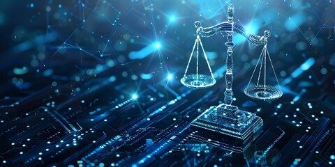 The Future of Cyber Law: Digital Scales of Justice in a Tech-driven World. Concept Cyber Law, Digital Justice, Future Trends, Tech Regulations, Online Security - obrazy, fototapety, plakaty