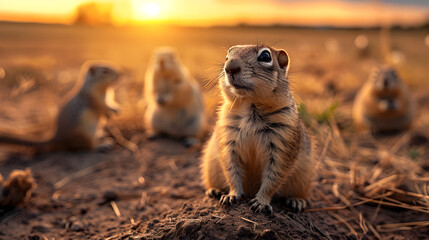 Ground squirrel family in the harvested field in summer evening with setting sun. Group of wild...