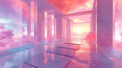 Surreal dreamscape with ethereal pink and purple hues and modern architecture