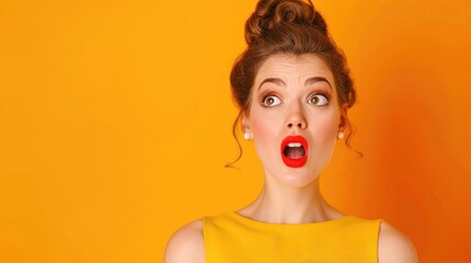 A woman looking shocked on colored background