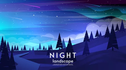 Photo sur Plexiglas Bleu foncé Beautiful night landscape with aurora borealis. Hills with forest and mountains. Night starry sky with comets. Design for wallpaper, postcard, invitation, background, touristic card. Raster.