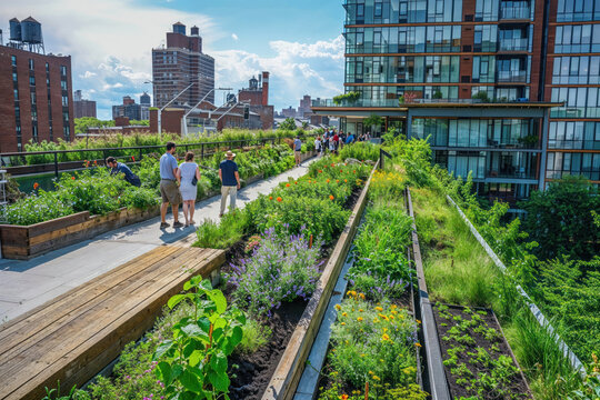 Lush green rooftop garden with people strolling and city buildings in the background showcasing urban sustainability