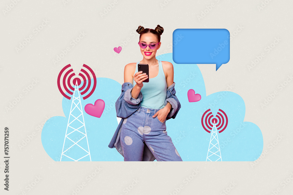 Sticker Creative artwork collage of funky hipster girl in stylish outfit browsing received sms near antenna towers isolated on grey background