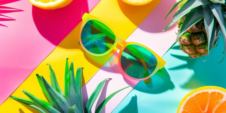 A colorful image of a pair of sunglasses and a pineapple on a table