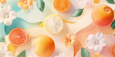A colorful image of oranges and flowers with a yellow lemon in the middle