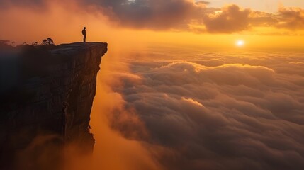 A Lone Rambler Halts on a Cliff Dawns Ethereal Embrace of a Mountain Piercing the Ocean of Clouds - obrazy, fototapety, plakaty