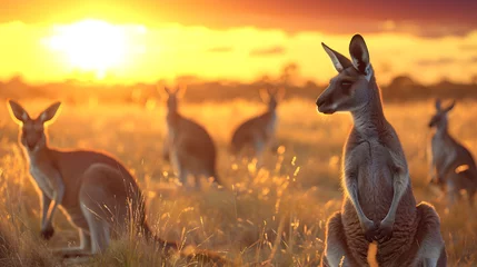  Kangaroo standing in the savanna with setting sun shining. Group of wild animals in nature. © linda_vostrovska