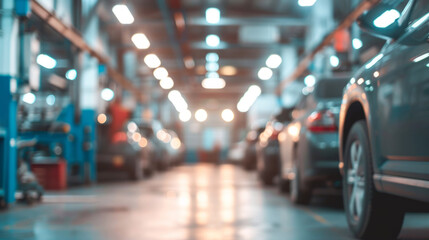 Blurred view of a busy vehicle garage interior with focus on mechanics