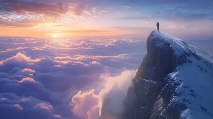 A Lone Rambler Halts on a Snowy Mountain Peak at Dawn, Overlooking a Sea of Clouds - obrazy, fototapety, plakaty
