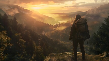 Backpacker at Dawn A Lone Wanderer Admires the Golden Sunrise Over an Ancient Forest and Vast Valley - obrazy, fototapety, plakaty