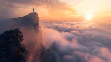 Solitary Sojourn A Lone Rambler Overlooking a Cloud Ocean at Dawn - obrazy, fototapety, plakaty