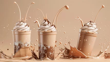 Zelfklevend Fotobehang A realistic high-resolution image of a chocolate-flavored boba drink in a plastic cup, with a straw added. The bottom of the cup features a milk splash effect. © Yusif